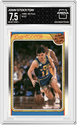 John Stockton from the 1988-89 Fleer set graded by Arena Club and given an overall grade of 7.5.