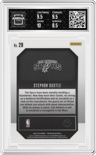 Stephon Castle from the 2024-25 Panini Prizm set graded by Arena Club and given an overall grade of 9.