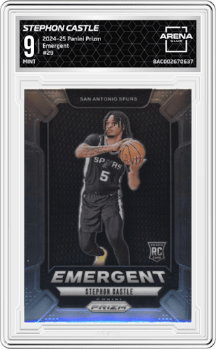 Stephon Castle from the 2024-25 Panini Prizm set graded by Arena Club and given an overall grade of 9.