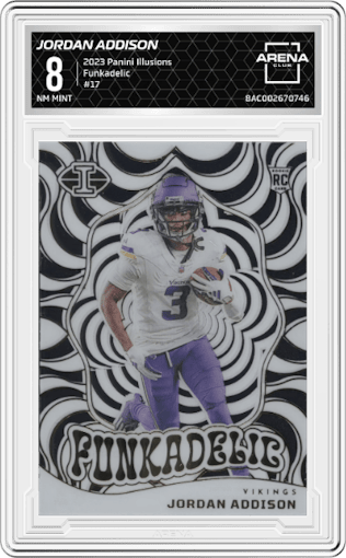 Jordan Addison from the 2023 Panini Illusions set graded by Arena Club and given an overall grade of 8.