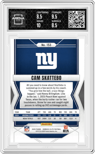 Cam Skattebo from the 2025 Panini Donruss Elite set featuring a Disco Green parallel graded by Arena Club and given an overall grade of 9.