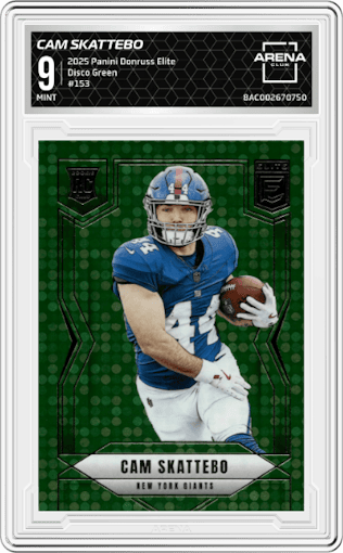 Cam Skattebo from the 2025 Panini Donruss Elite set featuring a Disco Green parallel graded by Arena Club and given an overall grade of 9.