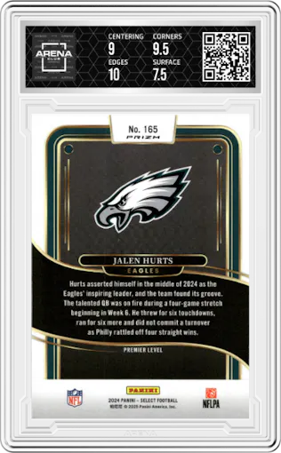 Jalen Hurts from the 2024 Panini Select set featuring a Black & Green Prizm Shock parallel graded by Arena Club and given an overall grade of 8.