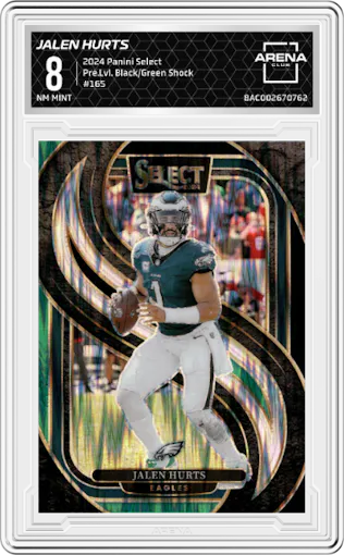 Jalen Hurts from the 2024 Panini Select set featuring a Black & Green Prizm Shock parallel graded by Arena Club and given an overall grade of 8.
