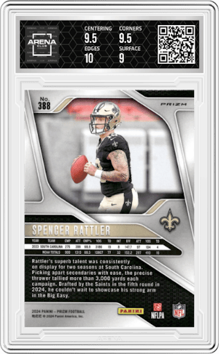 Spencer Rattler from the 2024 Panini Prizm set featuring a Pink Wave parallel graded by Arena Club and given an overall grade of 9.5.