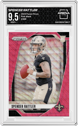 Spencer Rattler from the 2024 Panini Prizm set featuring a Pink Wave parallel graded by Arena Club and given an overall grade of 9.5.