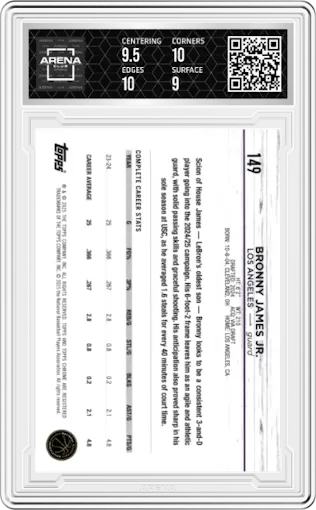 Bronny James Jr. from the 2024-25 Topps Chrome set featuring a Topps Green Refractors parallel graded by Arena Club and given an overall grade of 9.5.