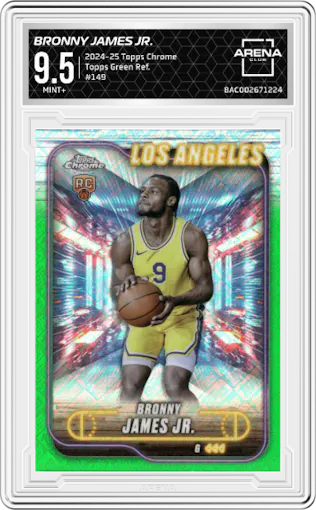 Bronny James Jr. from the 2024-25 Topps Chrome set featuring a Topps Green Refractors parallel graded by Arena Club and given an overall grade of 9.5.