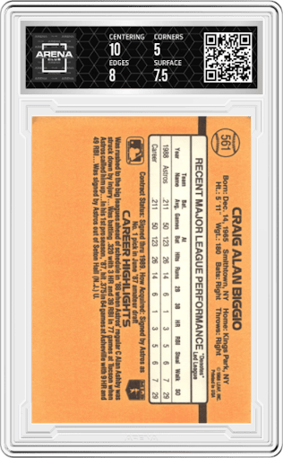 Craig Biggio from the 1989 Donruss set graded by Arena Club and given an overall grade of 5.5.