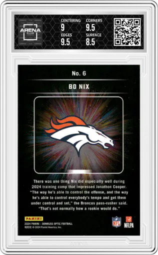 Bo Nix from the 2024 Donruss Optic set graded by Arena Club and given an overall grade of 9.