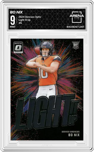 Bo Nix from the 2024 Donruss Optic set graded by Arena Club and given an overall grade of 9.