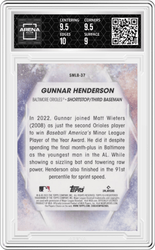 Gunnar Henderson from the 2023 Topps Series 2 set graded by Arena Club and given an overall grade of 9.5.