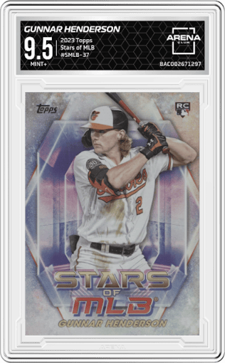 Gunnar Henderson from the 2023 Topps Series 2 set graded by Arena Club and given an overall grade of 9.5.
