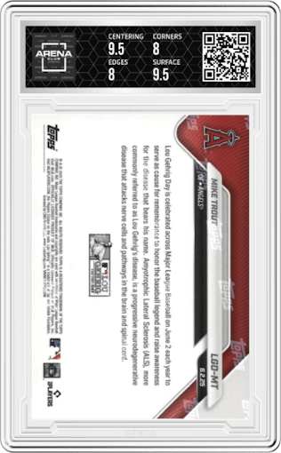Mike Trout  from the 2025 Topps Now Lou Gehrig Day: Presented by Sarah Langs set graded by Arena Club and given an overall grade of 8.5.