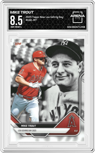 Mike Trout  from the 2025 Topps Now Lou Gehrig Day: Presented by Sarah Langs set graded by Arena Club and given an overall grade of 8.5.