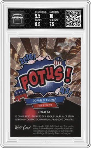 Donald Trump from the 2024 Wild Card Alumination Comix Trump Edition set featuring a Fireworks 2 Lazer Foil Board parallel graded by Arena Club and given an overall grade of 8.