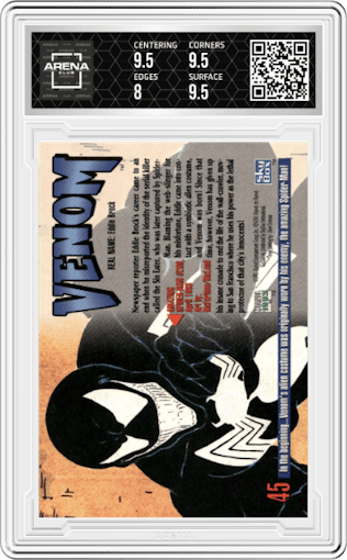 Venom from the 1993 SkyBox Marvel Masterpieces set graded by Arena Club and given an overall grade of 8.5.