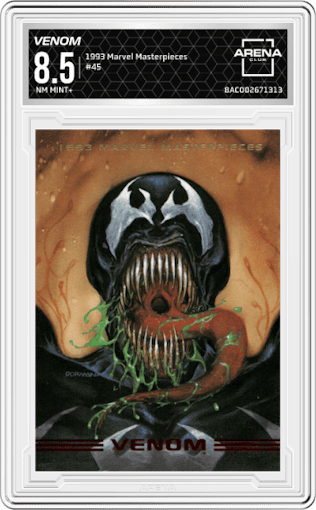 Venom from the 1993 SkyBox Marvel Masterpieces set graded by Arena Club and given an overall grade of 8.5.