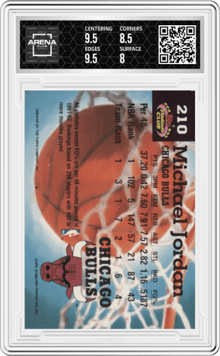 Michael Jordan from the 1992-93 Topps Stadium Club set graded by Arena Club and given an overall grade of 8.5.