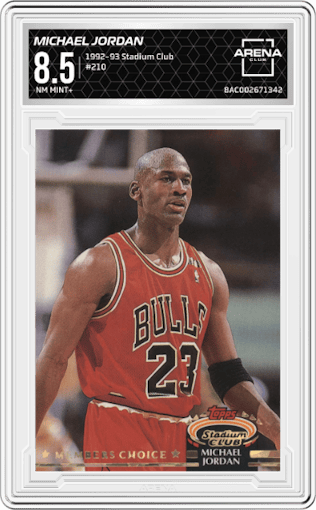 Michael Jordan from the 1992-93 Topps Stadium Club set graded by Arena Club and given an overall grade of 8.5.