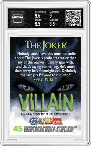 The Joker from the 1995 Fleer DC VS Marvel set graded by Arena Club and given an overall grade of 7.
