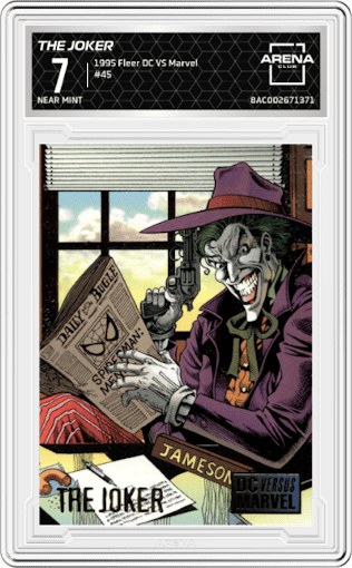 The Joker from the 1995 Fleer DC VS Marvel set graded by Arena Club and given an overall grade of 7.