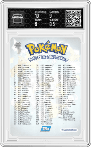Checklist from the 1999 Pokemon set graded by Arena Club and given an overall grade of 9.