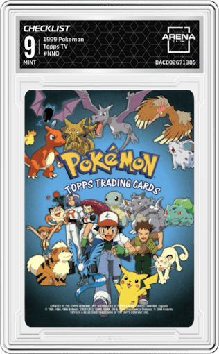 Checklist from the 1999 Pokemon set graded by Arena Club and given an overall grade of 9.