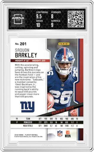 Saquon Barkley from the 2018 Panini Playoff set graded by Arena Club and given an overall grade of 8.5.