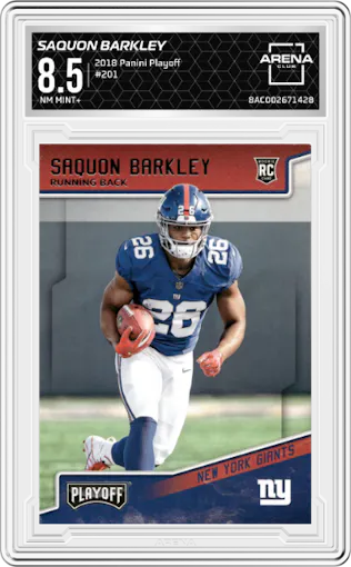 Saquon Barkley from the 2018 Panini Playoff set graded by Arena Club and given an overall grade of 8.5.