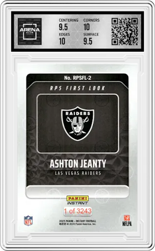 Ashton Jeanty from the 2025 Panini Instant NFL RPS First Look set graded by Arena Club and given an overall grade of 10.
