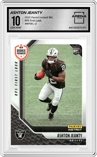 Ashton Jeanty from the 2025 Panini Instant NFL RPS First Look set graded by Arena Club and given an overall grade of 10.