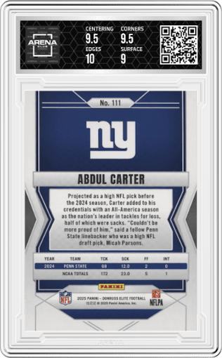 Abdul Carter from the 2025 Panini Donruss Elite set featuring a Status Orange Metallic parallel graded by Arena Club and given an overall grade of 9.5.