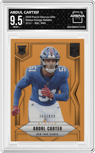 Abdul Carter from the 2025 Panini Donruss Elite set featuring a Status Orange Metallic parallel graded by Arena Club and given an overall grade of 9.5.