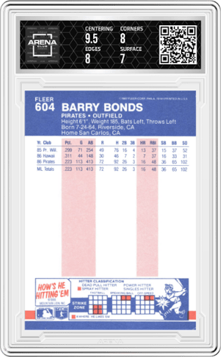 Barry Bonds from the 1986 Fleer set graded by Arena Club and given an overall grade of 7.5.