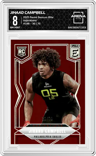 Jihaad Campbell from the 2025 Panini Donruss Elite set featuring a Aspirations parallel graded by Arena Club and given an overall grade of 8.