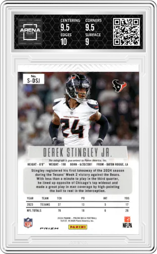 Derek Stingley Jr. from the 2024 Panini Prizm Deca set featuring a Silver parallel graded by Arena Club and given an overall grade of 9.5.
