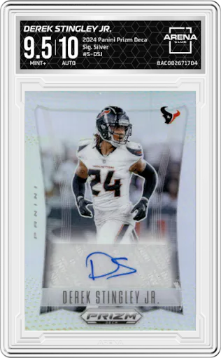 Derek Stingley Jr. from the 2024 Panini Prizm Deca set featuring a Silver parallel graded by Arena Club and given an overall grade of 9.5.