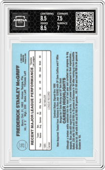 Fred McGriff from the 1986 Donruss set graded by Arena Club and given an overall grade of 7.5.