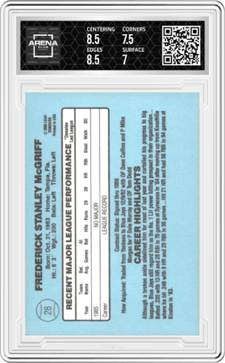 Fred McGriff from the 1986 Donruss set graded by Arena Club and given an overall grade of 7.5.