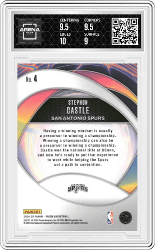 Stephon Castle from the 2024-25 Panini Prizm set graded by Arena Club and given an overall grade of 9.5.