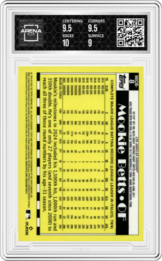 Mookie Betts from the 2025 Topps Chrome set graded by Arena Club and given an overall grade of 9.5.