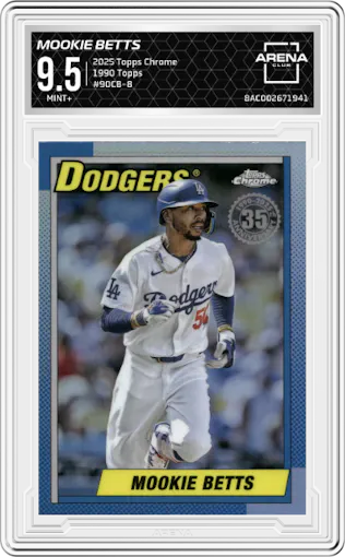 Mookie Betts from the 2025 Topps Chrome set graded by Arena Club and given an overall grade of 9.5.