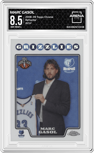 Marc Gasol from the 2008-09 Topps Chrome  set featuring a Refractor parallel graded by Arena Club and given an overall grade of 8.5.