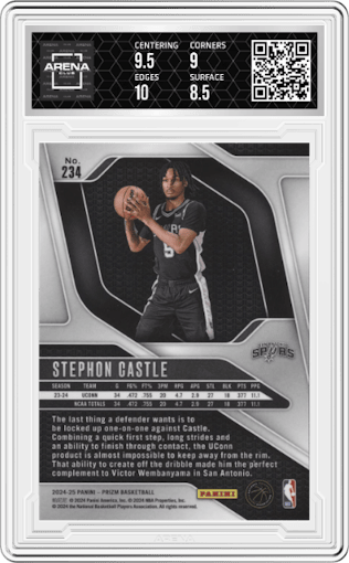 Stephon Castle from the 2024-25 Panini Prizm set graded by Arena Club and given an overall grade of 9.