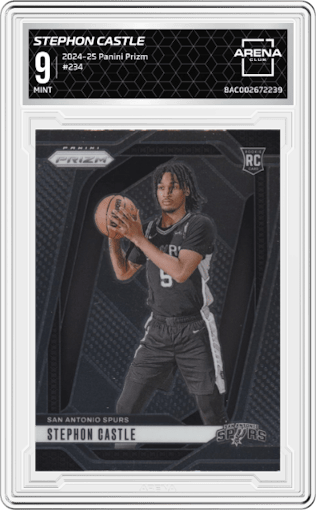 Stephon Castle from the 2024-25 Panini Prizm set graded by Arena Club and given an overall grade of 9.