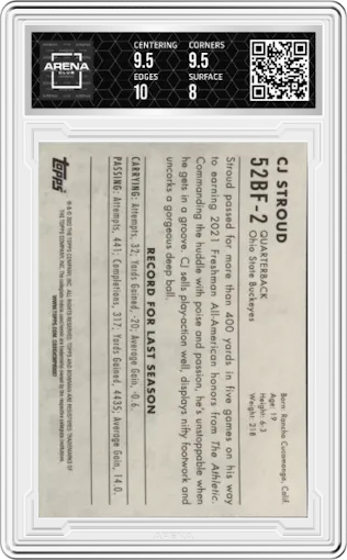 CJ Stroud from the 2022 Bowman University Chrome set graded by Arena Club and given an overall grade of 8.5.