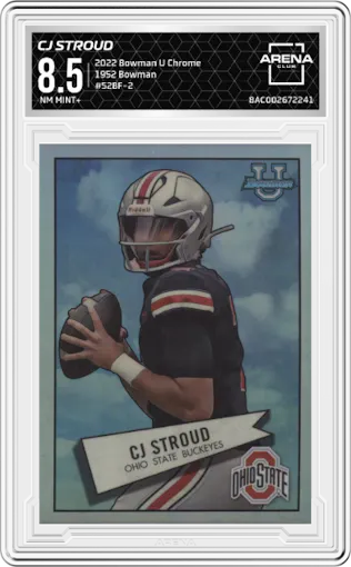 CJ Stroud from the 2022 Bowman University Chrome set graded by Arena Club and given an overall grade of 8.5.