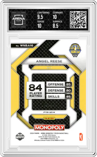 Angel Reese from the 2024 Panini Prizm Monopoly WNBA set featuring a Gold Millionaire Shimmer parallel graded by Arena Club and given an overall grade of 9.