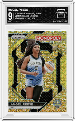 Angel Reese from the 2024 Panini Prizm Monopoly WNBA set featuring a Gold Millionaire Shimmer parallel graded by Arena Club and given an overall grade of 9.